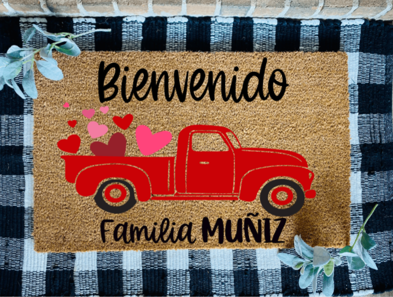 Bienvenido Valentine Personalized Family Last Name Doormat