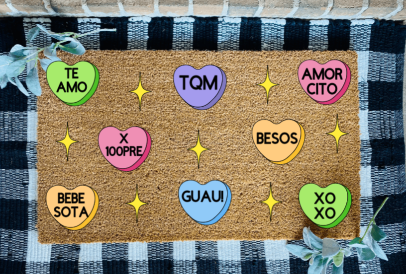 Spanish Conversation Hearts Valentine's Day Door Mat