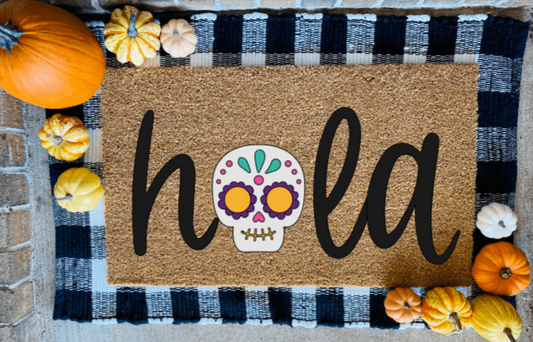 Hola Dia De Los Muertos Sugar Skull  Door Mat