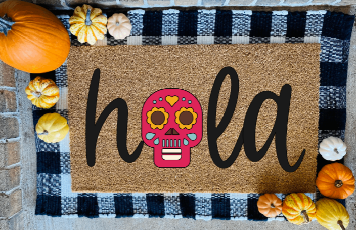 Hola Dia De Los Muertos Sugar Skull  Door Mat