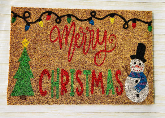 Merry Christmas Lights Tree Snowman Door Mat