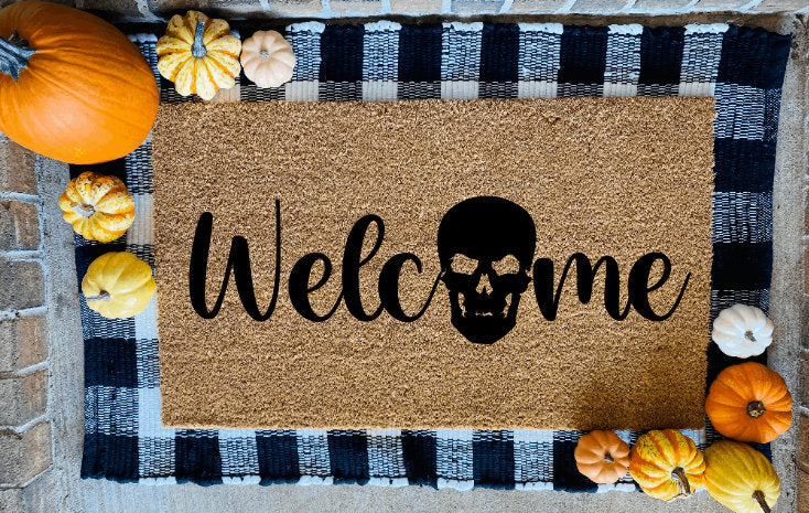 Welcome Cursive Skull Door Mat