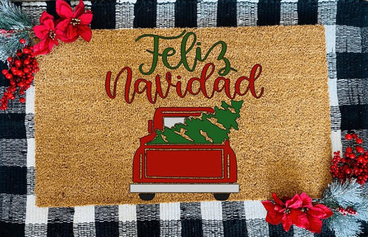 Feliz Navidad Red Truck Door Mat