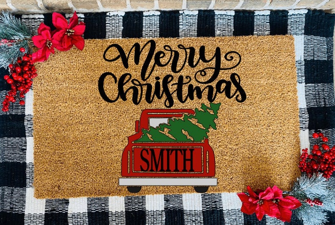 Personalized Last Name Christmas Tree Red Truck Merry Christmas Door Mat