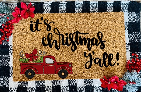 It's Christmas Y'all Christmas Tree in Vintage Truck Coir Door Mat