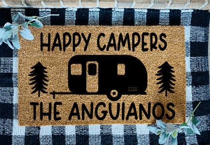 Customized Last Name Happy Campers Coir Door Mat