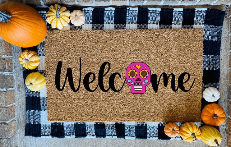 Welcome Dia De Los Muertos Sugar Skull  Door Mat