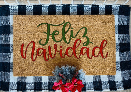 Feliz Navidad Coir Door Mat in Red and Green