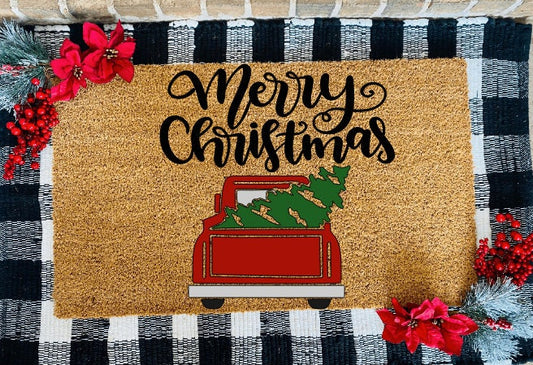 Christmas Tree in Red Truck Merry Christmas Door Mat