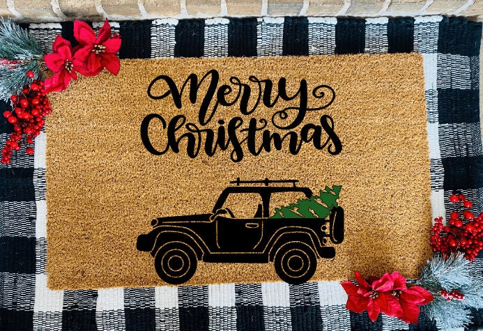 Merry Christmas Red Truck With Tree in Back Door Mat