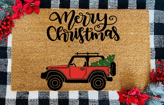 Merry Christmas Red Truck With Tree in Back Door Mat