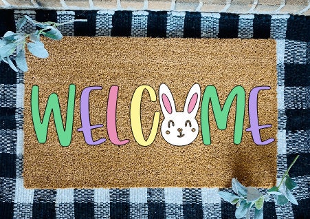 Welcome White Easter Bunny Door Mat