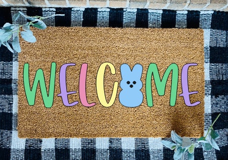 Welcome Blue Easter Bunny Door Mat