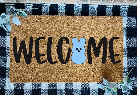 Welcome Blue Easter Bunny Door Mat