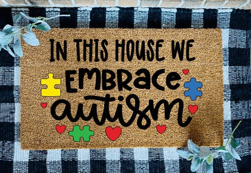 En esta casa abrazamos el autismo Bienvenido tapete de puerta de concienciación sobre el autismo