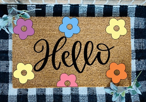 Hello Retro Flowers Door Mat