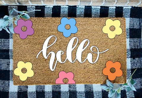 Hello Retro Flowers Door Mat