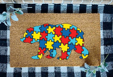 Welcome Autism Awareness Bear Puzzle Pieces Door Mat