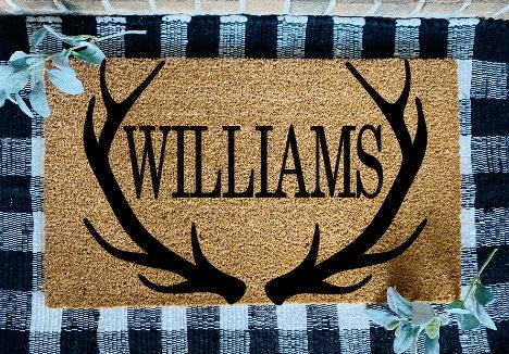 Personalized Last Name Antlers Door Mat