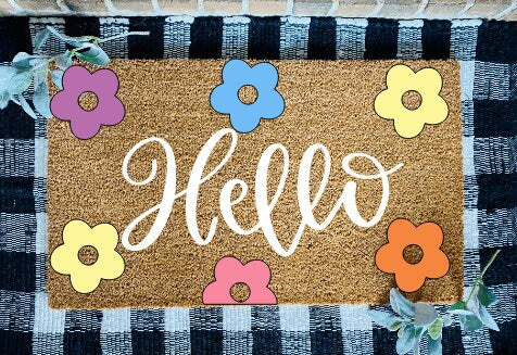 Hello Retro Flowers Door Mat