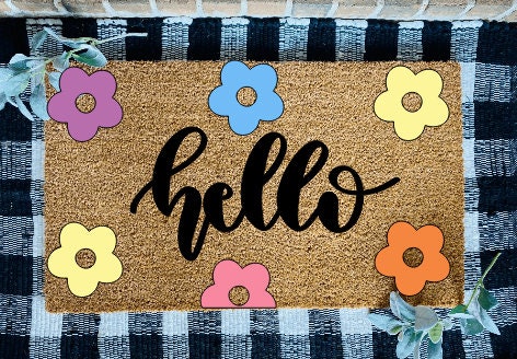 Hello Retro Flowers Door Mat