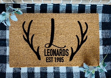 Personalized Last Name Initial Antlers Door Mat