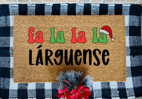 Fa la la la Larguense Coir Door Mat in Red and Green